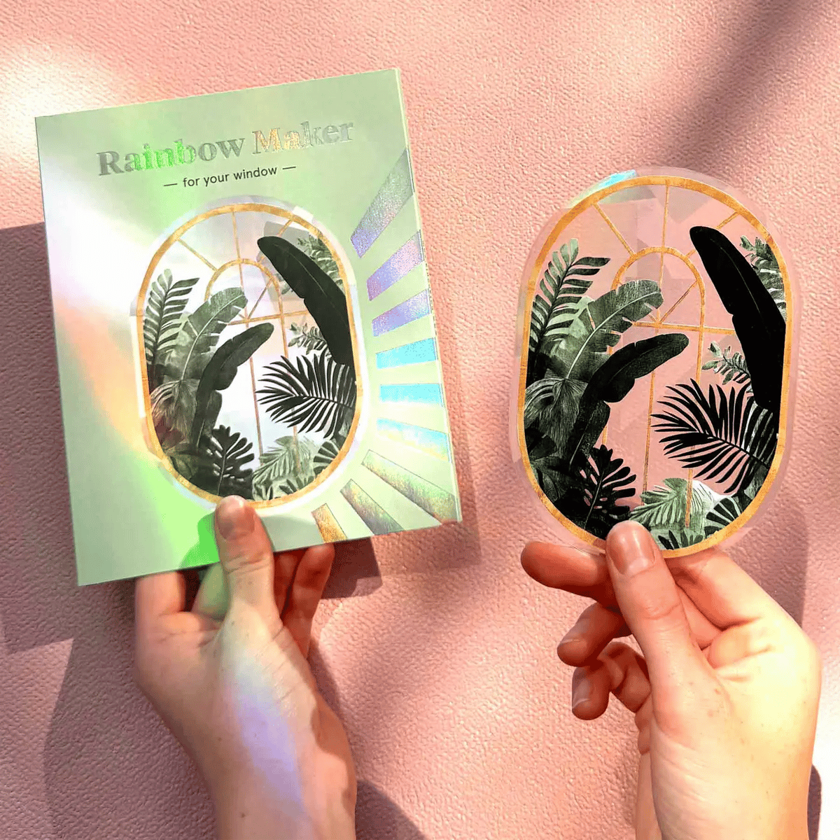 Hände halten den botanischen Fenstersticker und seine Rainbow-Maker-Verpackung vor einer rosafarbenen Wand.